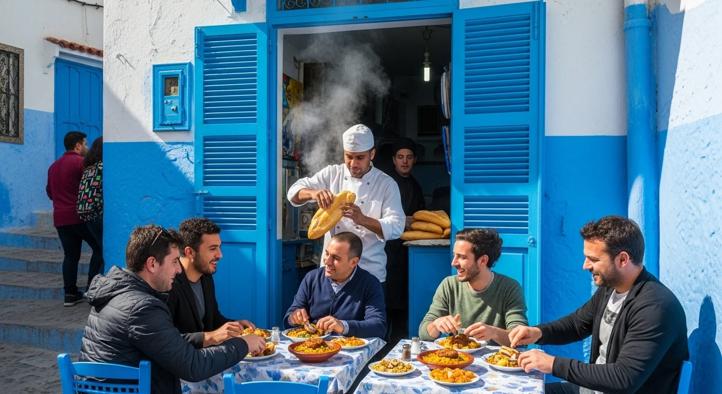 A lively Sidi Bou Said eatery with people sharing lablebi and keftaji, sunlight highlighting blue-and-white walls. A lively Sidi Bou Said eatery with people sharing lablebi and keftaji, sunlight highlighting blue-and-white walls.