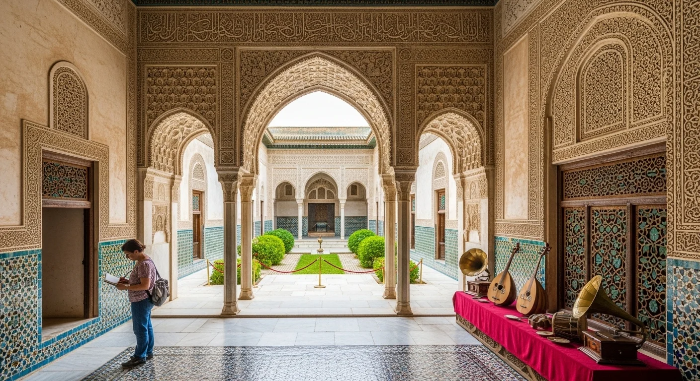 Ennejma Ezzahra Palace courtyard, sunlight on marble, musical instruments displayed, visitor sketching in quiet awe Ennejma Ezzahra Palace courtyard, sunlight on marble, musical instruments displayed, visitor sketching in quiet awe