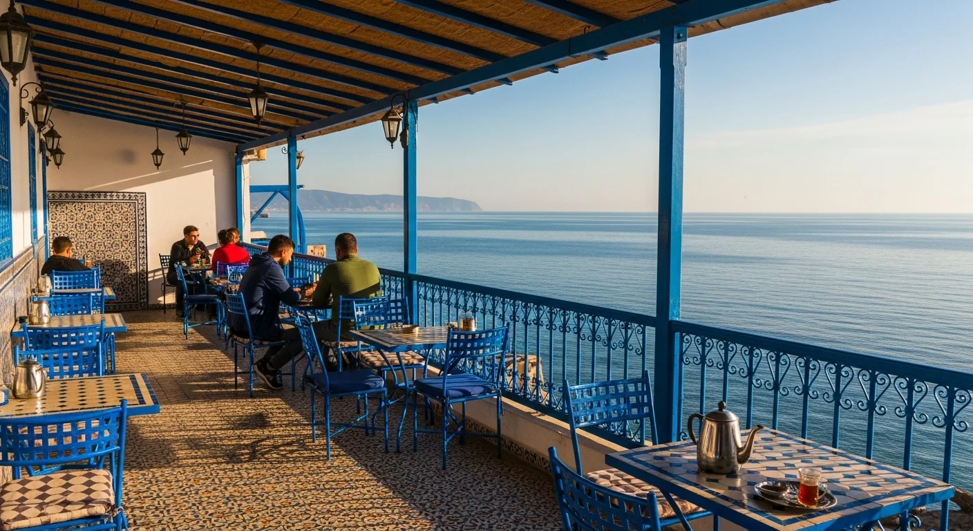Café des Nattes terrace with blue railings, tea drinkers, and a Mediterranean view in golden light. Café des Nattes terrace with blue railings, tea drinkers, and a Mediterranean view in golden light.