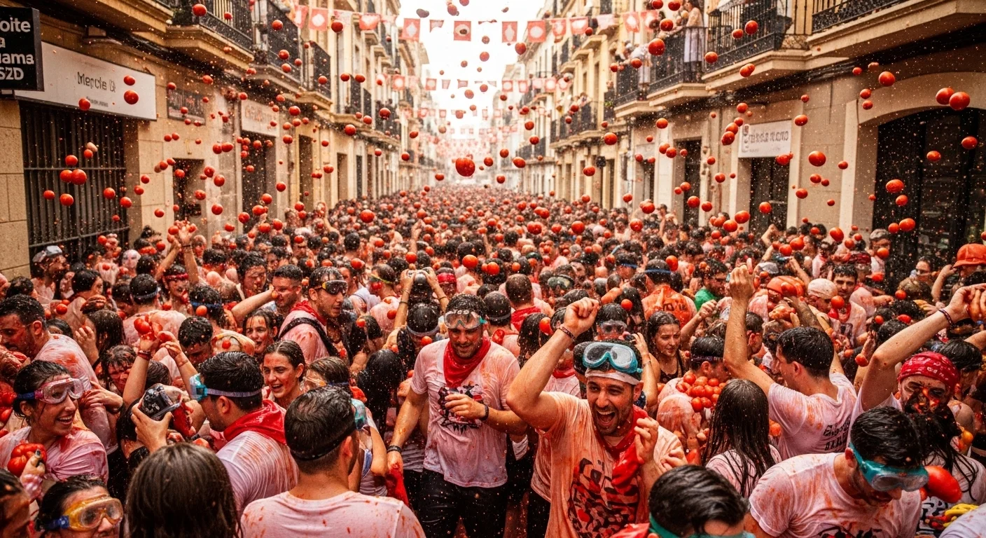 Festivalgoers in Calle Cid hurl tomatoes, laughter and red pulp everywhere. Festivalgoers in Calle Cid hurl tomatoes, laughter and red pulp everywhere.