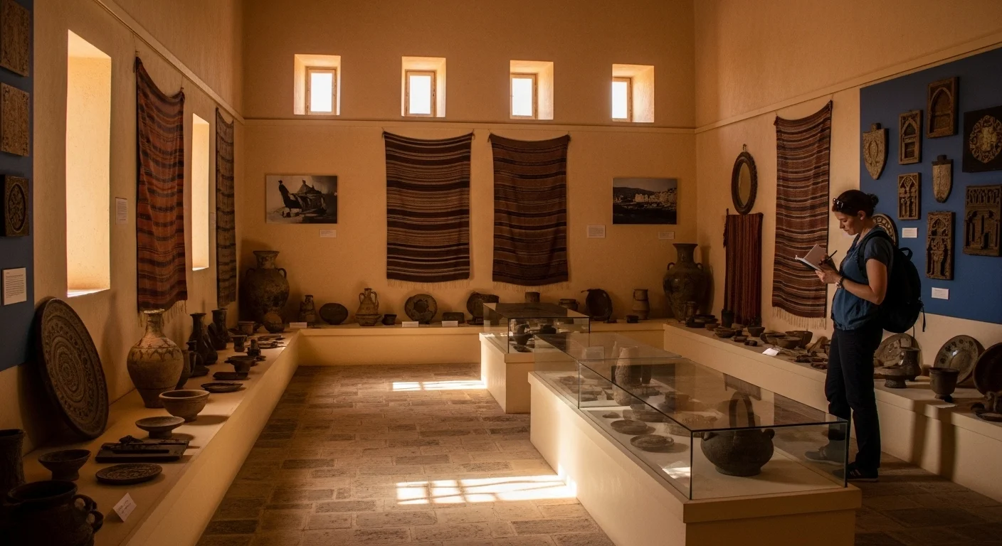 A visitor admires traditional artifacts in Chefchaouen’s Kasbah Museum.