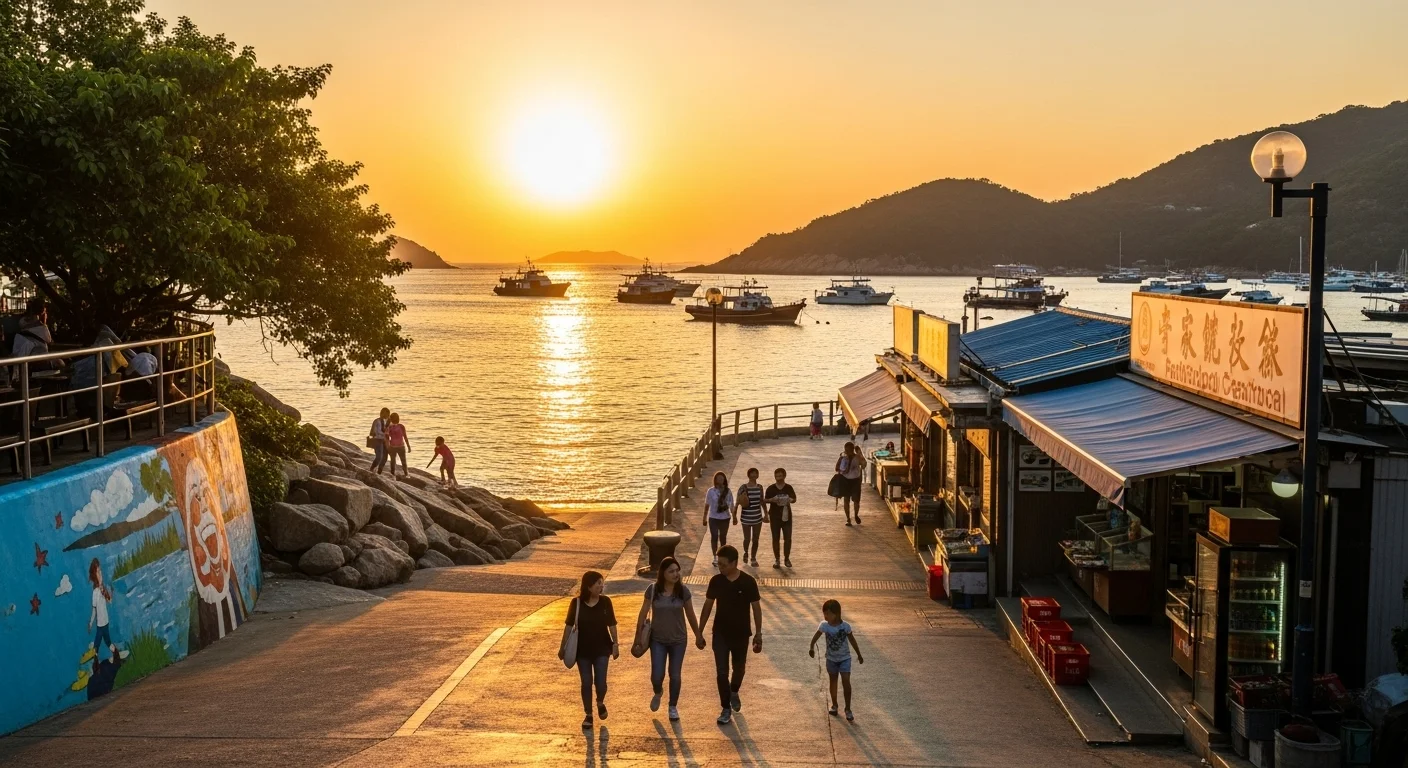 Sai Kung promenade at sunset, with golden light, boats, and people strolling. Sai Kung promenade at sunset, with golden light, boats, and people strolling.