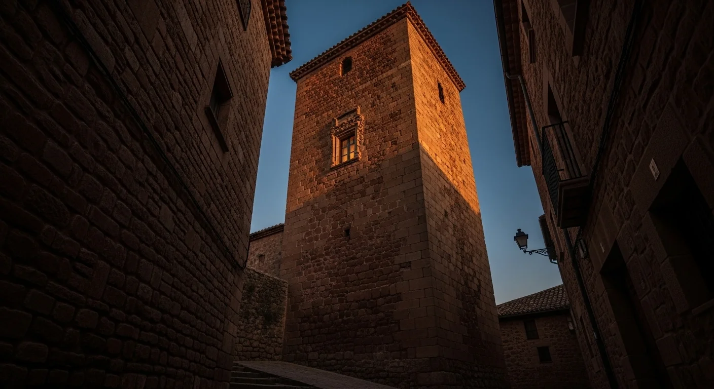 The mysterious Torre de Doña Blanca at dusk, its ancient red sandstone walls illuminated by the last light of day, embodying the legendary tale of the exiled princess who died within. The mysterious Torre de Doña Blanca at dusk, its ancient red sandstone walls illuminated by the last light of day, embodying the legendary tale of the exiled princess who died within.