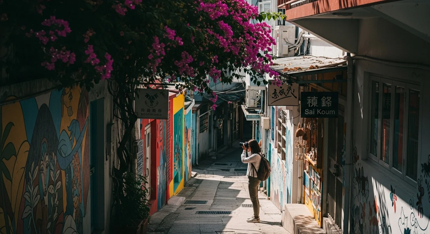 Sai Kung backstreet with murals, artisan shops, and a traveler photographing hidden details.