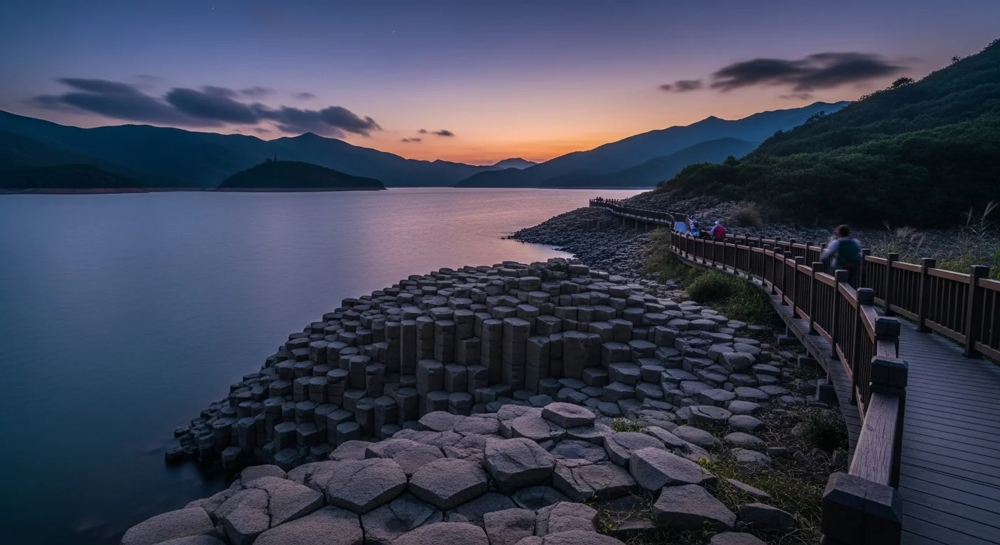 The spectacular hexagonal rock columns of High Island Geo-Trail at twilight, with the wooden boardwalk winding along the coastline and the reservoir waters reflecting the sunset colors The spectacular hexagonal rock columns of High Island Geo-Trail at twilight, with the wooden boardwalk winding along the coastline and the reservoir waters reflecting the sunset colors
