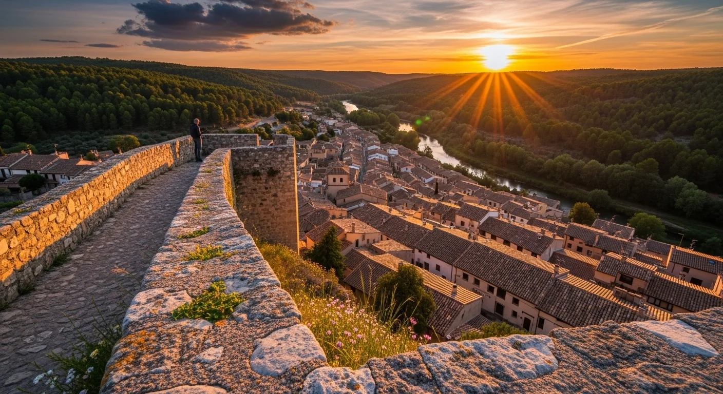 Sunset from Albarracín’s walls, with glowing rooftops, river, forests, and a lone traveler in silhouette.