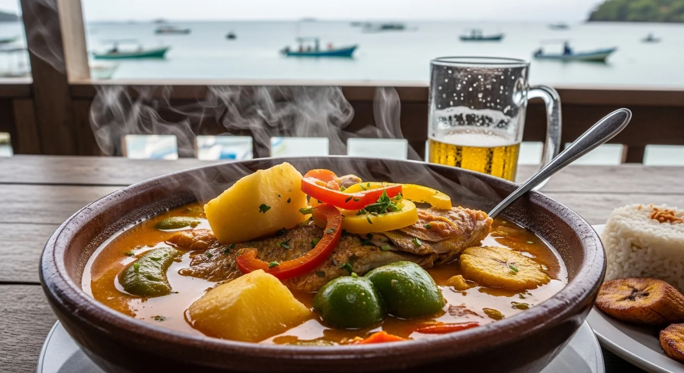 Traditional Rondon stew in a ceramic bowl at Arboloco restaurant, featuring fish, yucca and plantains in coconut broth Traditional Rondon stew in a ceramic bowl at Arboloco restaurant, featuring fish, yucca and plantains in coconut broth