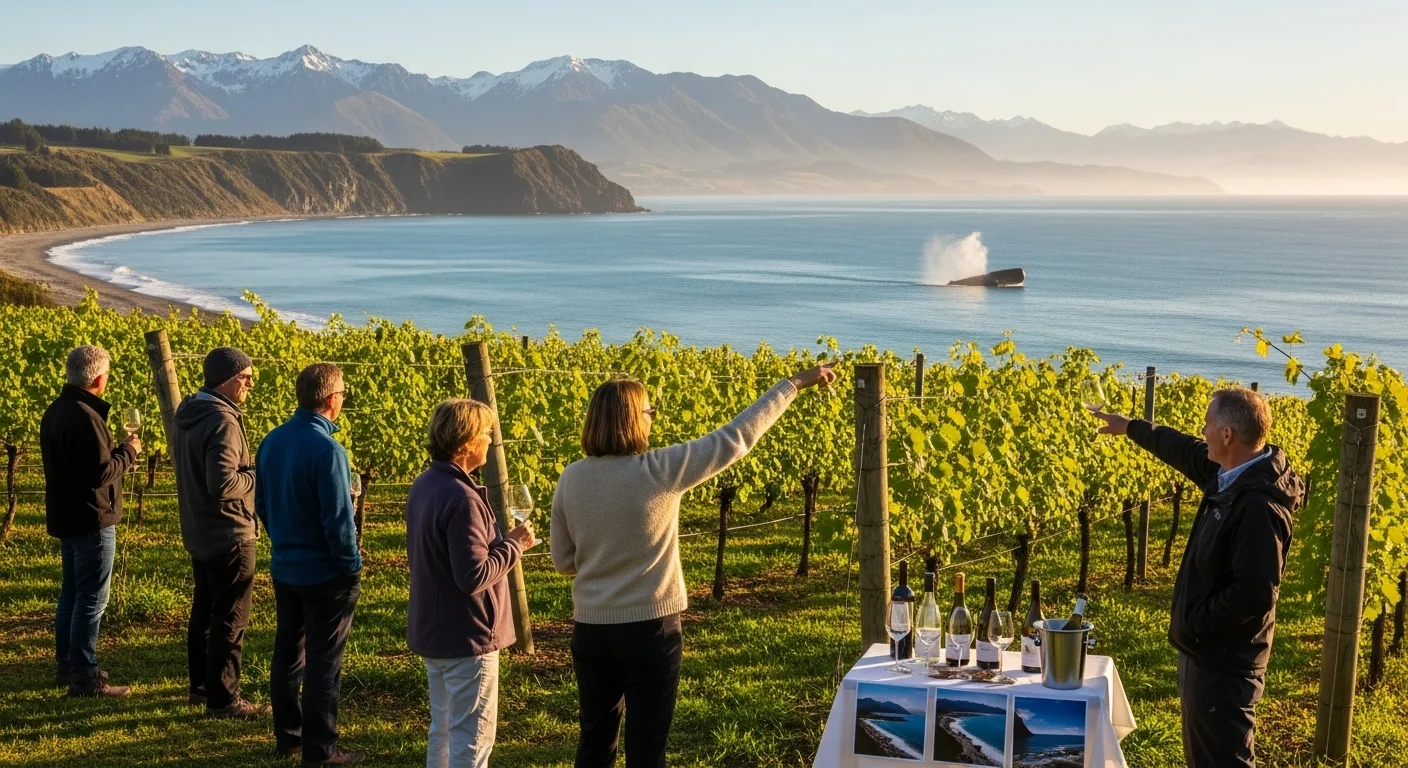 Visitors enjoying wine tasting at a coastal vineyard with spectacular views of the Pacific Ocean, a breaching whale in the distance, and snow-capped Kaikōura mountains in the background Visitors enjoying wine tasting at a coastal vineyard with spectacular views of the Pacific Ocean, a breaching whale in the distance, and snow-capped Kaikōura mountains in the background