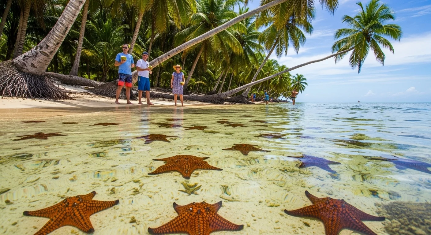 Shallow waters at Starfish Beach with visible orange starfish, palm trees, and travelers walking nearby. Shallow waters at Starfish Beach with visible orange starfish, palm trees, and travelers walking nearby.