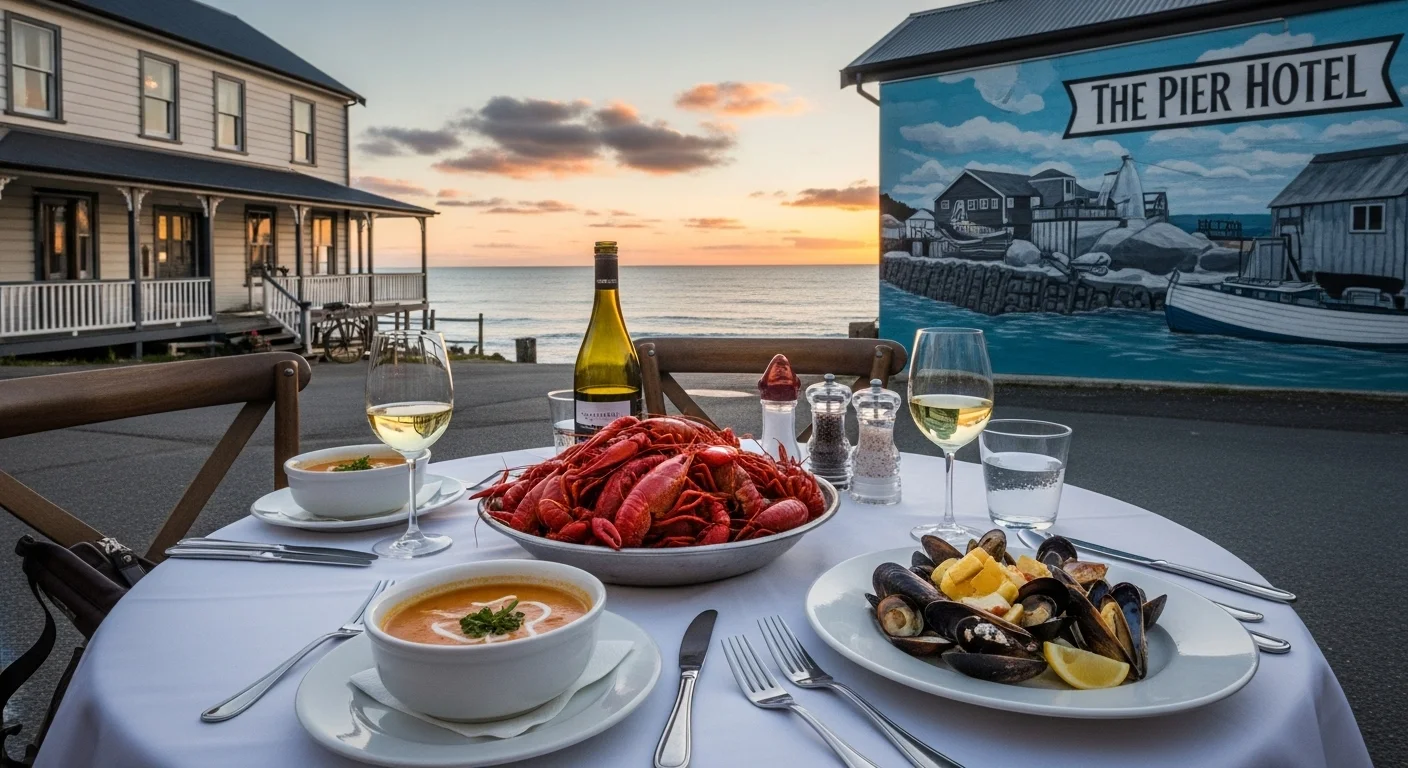 A sunset dinner with crayfish and wine at The Pier Hotel, ocean and mural in the background. A sunset dinner with crayfish and wine at The Pier Hotel, ocean and mural in the background.