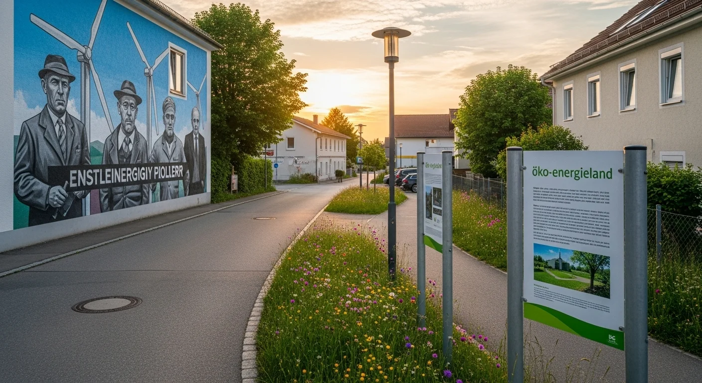 A Güssing side street with a mural, wildflowers, and plaques about local energy initiatives. A Güssing side street with a mural, wildflowers, and plaques about local energy initiatives.