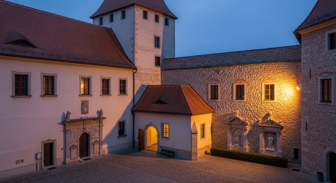 Güssing Castle at twilight, with sunlit stone walls, the monastery entrance, and crypt details in a tranquil courtyard. Güssing Castle at twilight, with sunlit stone walls, the monastery entrance, and crypt details in a tranquil courtyard.