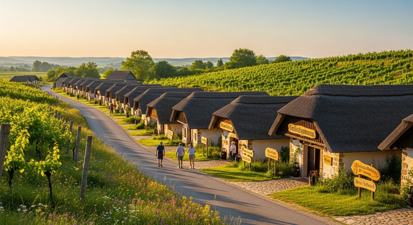 Thatched-roof wine cellars in Heiligenbrunn, with vineyards, golden sunlight, and visitors exploring. Thatched-roof wine cellars in Heiligenbrunn, with vineyards, golden sunlight, and visitors exploring.