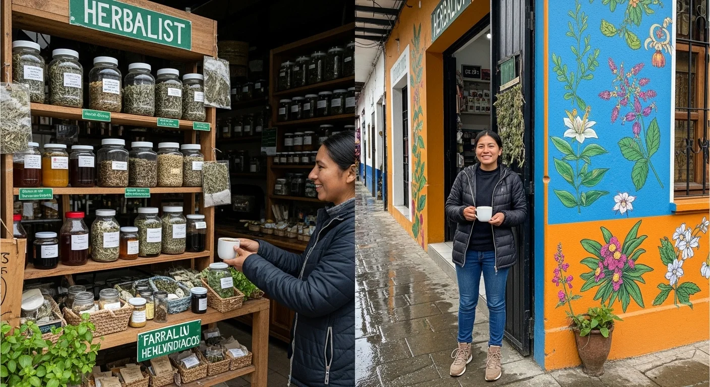 A cozy herbalist shop in Baños, with jars of native herbs, a mural, and a welcoming local offering tea. A cozy herbalist shop in Baños, with jars of native herbs, a mural, and a welcoming local offering tea.