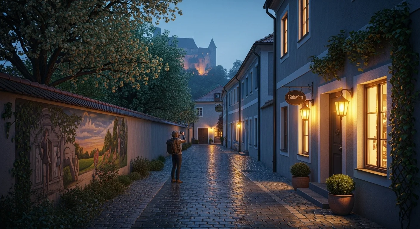 Twilight alley in Güssing with glowing lanterns, murals, and a photographer capturing the scene. Twilight alley in Güssing with glowing lanterns, murals, and a photographer capturing the scene.