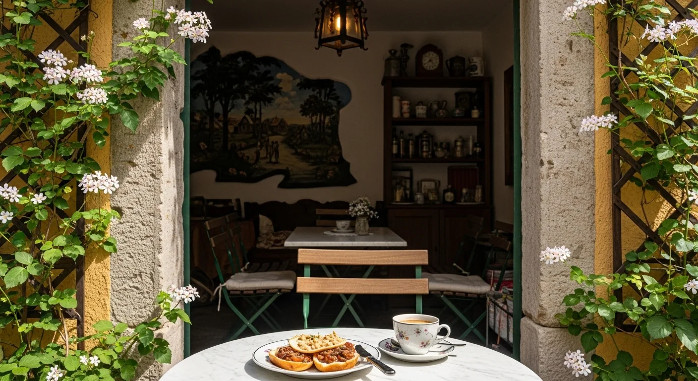 A flower-framed café terrace with nut pastries, coffee, and whimsical décor in soft evening light. A flower-framed café terrace with nut pastries, coffee, and whimsical décor in soft evening light.