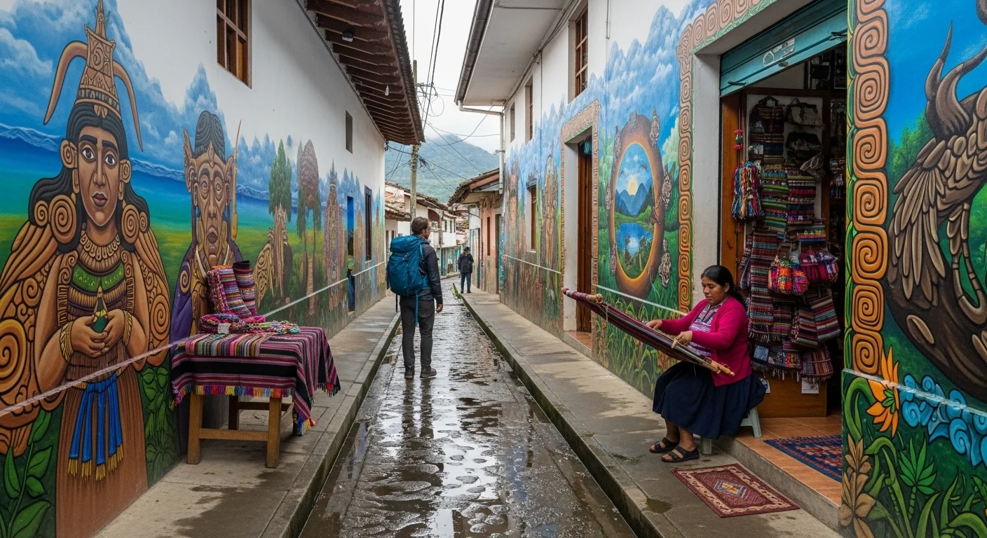 Traveler admiring colorful murals and a local artisan weaving in a rain-fresh Baños alleyway. Traveler admiring colorful murals and a local artisan weaving in a rain-fresh Baños alleyway.