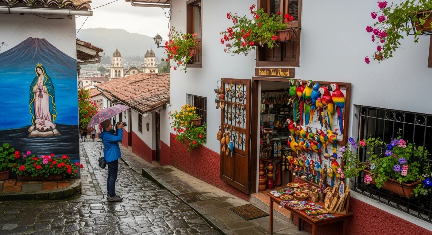 A quiet Baños alley in spring, with wildflowers, artisan crafts, and a mural of the Virgin and volcano. A quiet Baños alley in spring, with wildflowers, artisan crafts, and a mural of the Virgin and volcano.