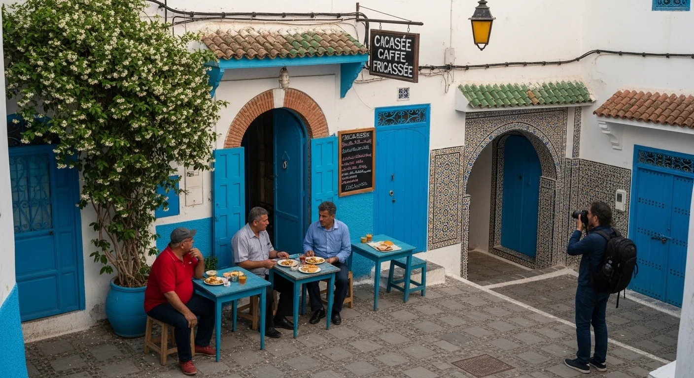 A sunlit Sidi Bou Said alley with a tiny café, locals eating fricassée, blue doors, mosaic tiles, and jasmine vines. A sunlit Sidi Bou Said alley with a tiny café, locals eating fricassée, blue doors, mosaic tiles, and jasmine vines.