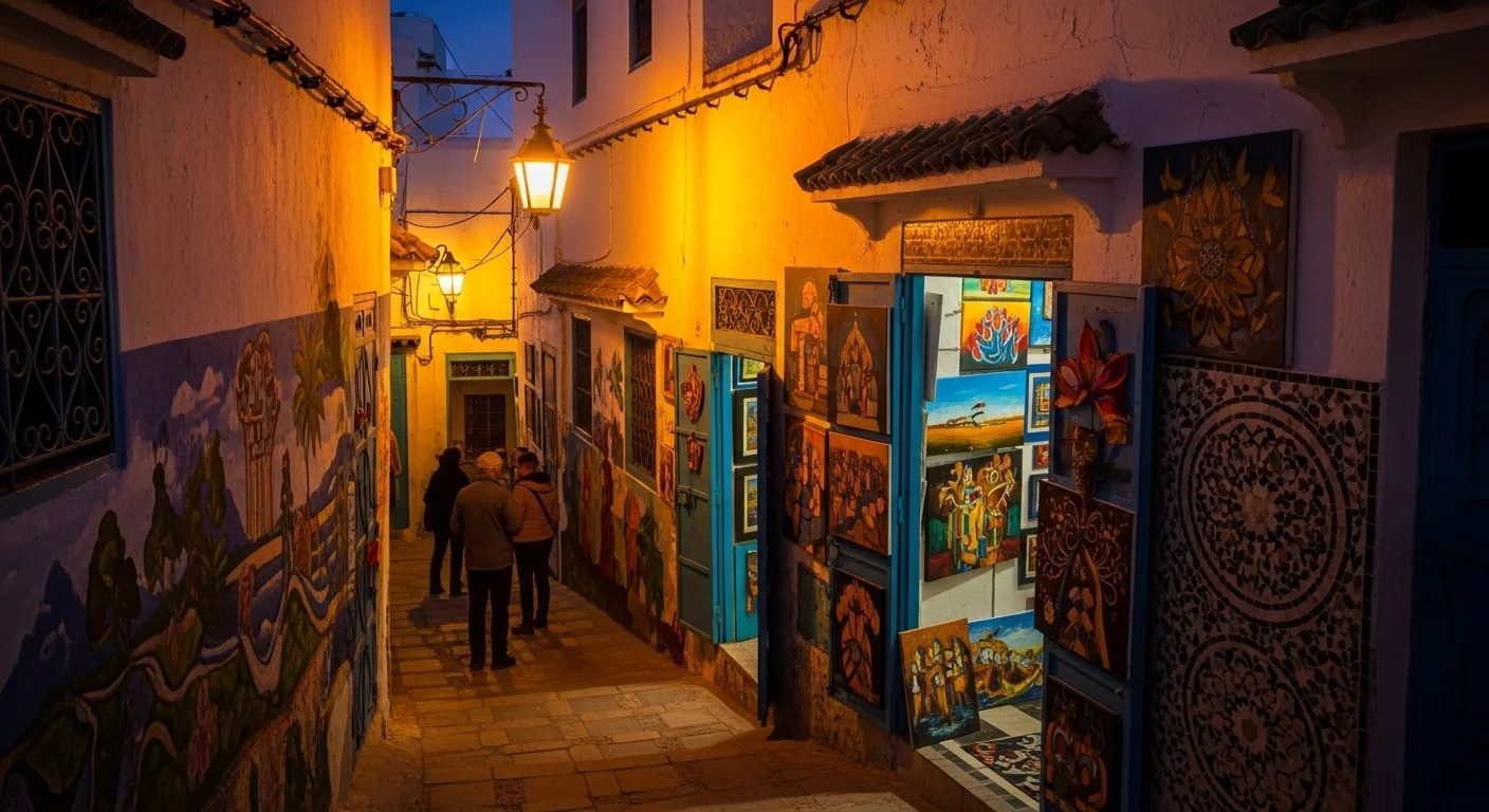 A sunset-lit alley in Sidi Bou Said with murals, mosaic tiles, and a small art gallery, exuding a peaceful, artistic vibe. A sunset-lit alley in Sidi Bou Said with murals, mosaic tiles, and a small art gallery, exuding a peaceful, artistic vibe.