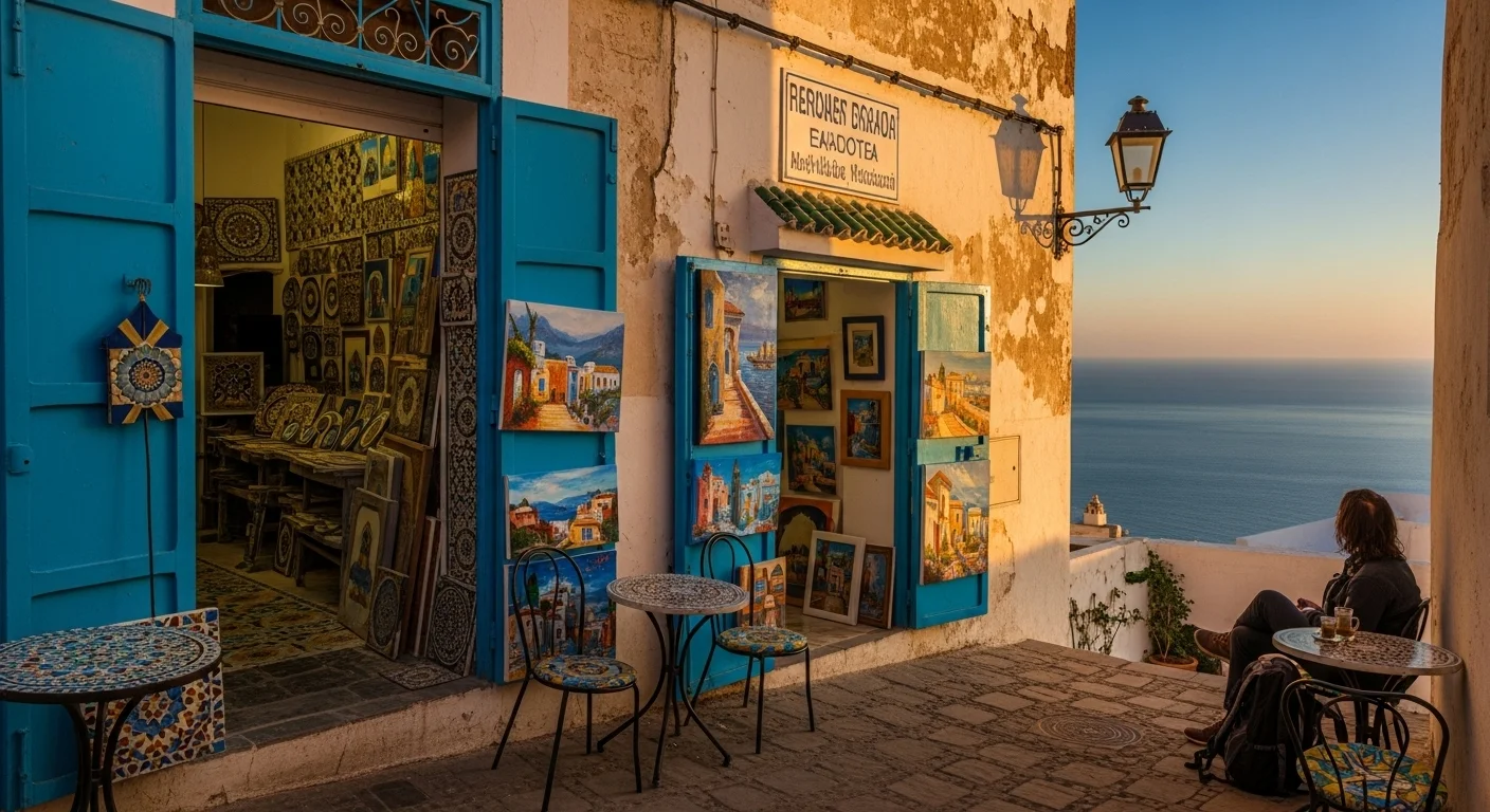 Narrow alley with mosaic workshop, gallery window, traveler at café with mint tea, golden light and sea view. Narrow alley with mosaic workshop, gallery window, traveler at café with mint tea, golden light and sea view.