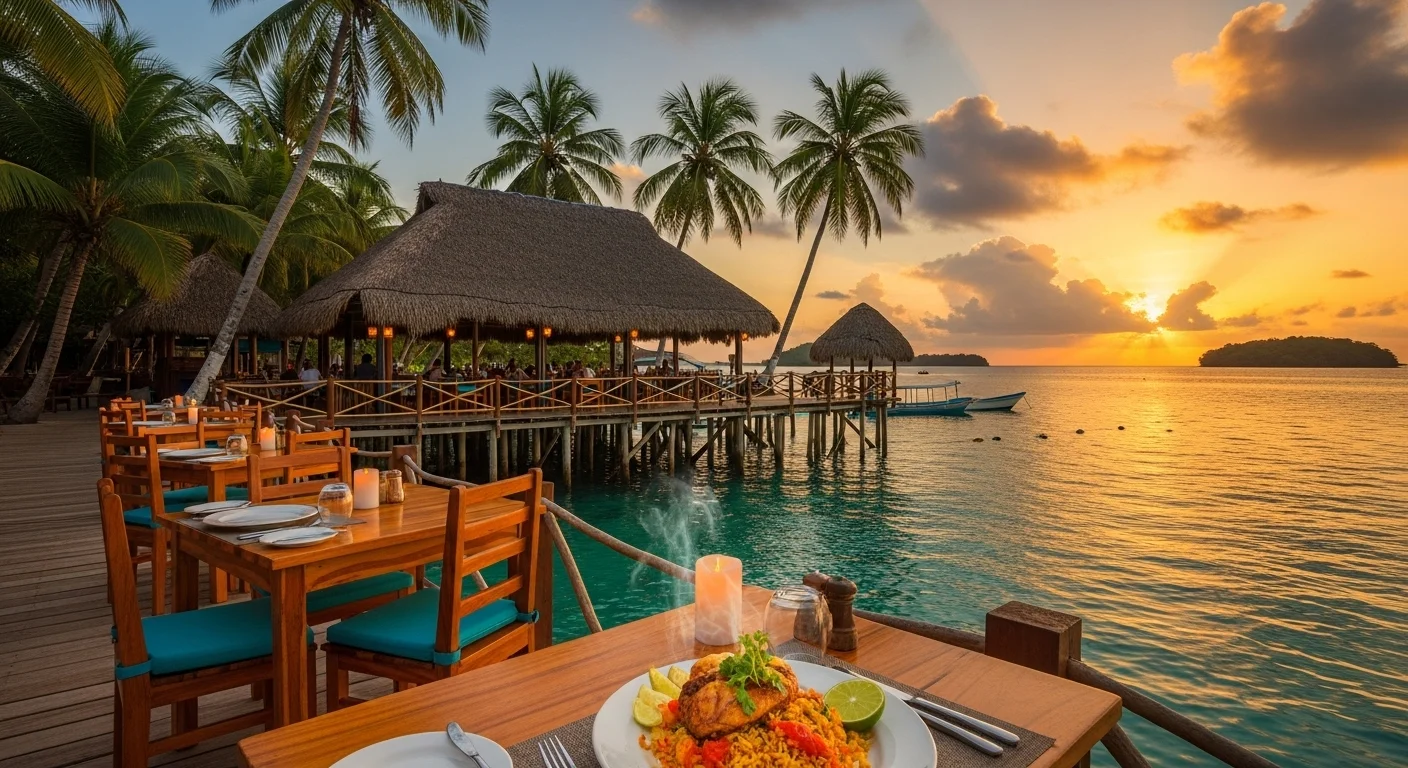 The Blue Coconut restaurant built on stilts over clear Caribbean waters at sunset, with arroz con pollo dish visible on a candlelit table The Blue Coconut restaurant built on stilts over clear Caribbean waters at sunset, with arroz con pollo dish visible on a candlelit table
