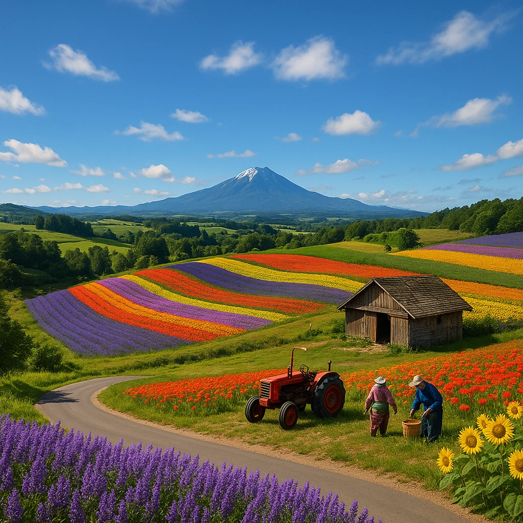 Biei, Japan - Scenic hillsides filled with colorful flower fields.